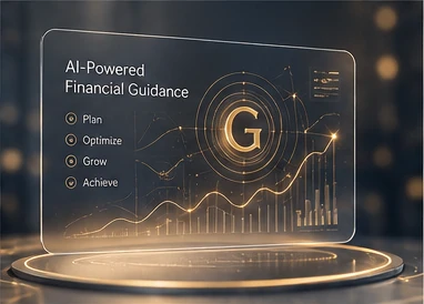 AI-powered financial guidance display showing plan, optimize, grow and achieve